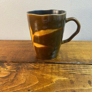 Pier 1 Dakara hand painted stoneware coffee cup mug leaves 4.5” brown